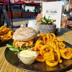 Tempehburger with curly fries & vegan mayo. at Focus Foodbar in Tilburg