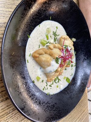 Pierogi filled with potato, leek & garlic  at Focus Foodbar in Tilburg