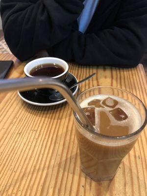 Iced decaf americano and short americano   at Hinterland in Brussels