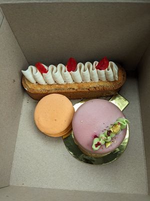 Orange macaron, cherry tart thing, and raspberry pistachio mousse at Pastel & Coco in Gatineau