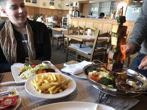 Flambé tofu, chips, and spinach burger at Alpina in Rigi Kaltbad
