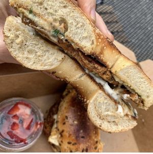 Seitan breakfast sandwich on everything bagel, highly recommend  at The Stand Vegan Cafe in Fairfield
