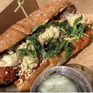 Meatball parm, consume fresh, bread doesn’t travel very well at The Stand Vegan Cafe in Fairfield