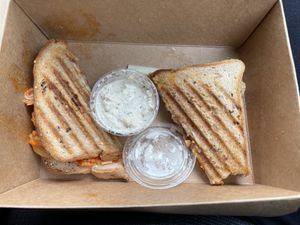 Buffalo jackfruit on gluten free bread  at The Stand Vegan Cafe in Fairfield