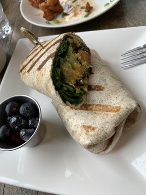 Breakfast burrito. Very filling! Fruit has syrup in it. That was also yummy.  at The Stand Vegan Cafe in Fairfield
