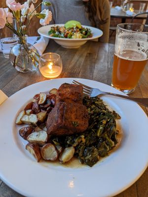 Chicken fried tofu with baby potatoes and greens. at The Stand Vegan Cafe in Fairfield