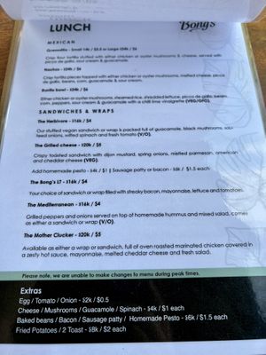 Menu lunch   at Bongs in Koh Rong