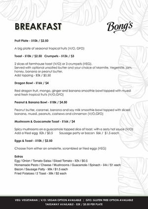 Breakfast Menu at Bongs in Koh Rong