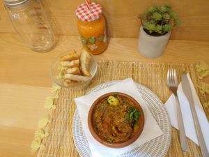 Vegan appetizer (most of them are vegan). This is mashed eggplant with olive, garlic and tomato ! It's almost like a babaganoush. at Veggie Pause  in Fes