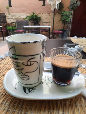 No other plant milks that coconut, here good dark coffee with separate coconut milk. at Veggie Pause  in Fes