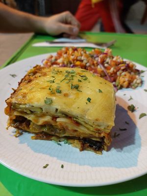 Vegetarian Lagsange with salad (ebly, red cabbage, onions, cucumber, tomato) at Veggie Pause  in Fes