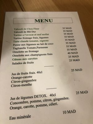 Menu only in French  at Veggie Pause  in Fes