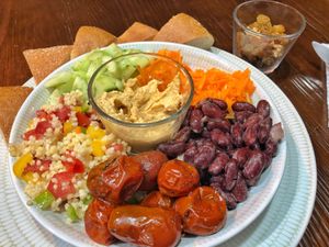 The hummus Buddha bowl minus the egg   at Veggie Pause  in Fes