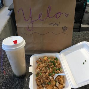 Vegan adobo fried rice with tofu served steaming hot and a delicious, refreshing red bean coconut milk tea with tapioca pearls. Yum!!! at Yelo in Geneva