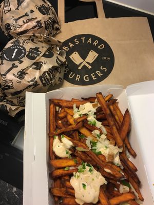 Vegan London burger and animal friendly fries at Bastard Burgers - Liljeholmstorget in Stockholm