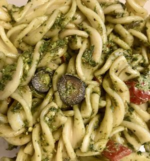 This is their delicious vegan pesto pasta salad, a regular offering there.   at New Leaf Community Market in Capitola