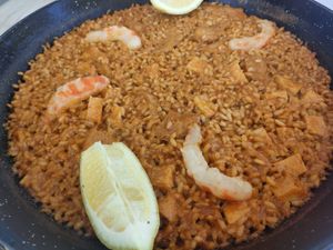 Arroz alicantino vegano, con gambas veganas y heura at Xaloc Lounge in Alicante