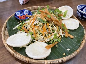 Half-eaten (sorry forgot to take photo before we start!) salad—gỏi ngó sen  at Quán Chay Thiên Phước Quang in Da Nang