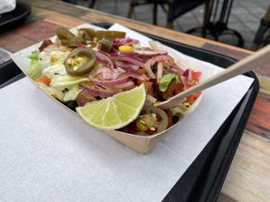 Burrito bowl with brown rice, sweet potato, black beans and several other toppings.  Chimichurri and their spicy El Diablo sauce!   at BABs Burritos in Maastricht