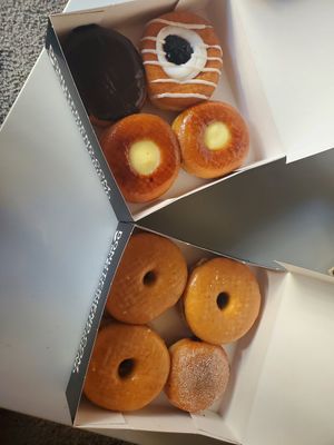 Danish donut, Boston creme, creme brule, pb&just, and jelly donut at Donut Friend - DTLA in Los Angeles