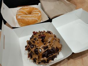 Nutella donut at the back and caramel chocolate cake donut at the front at Donut Friend - DTLA in Los Angeles