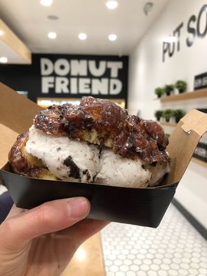 Apple fritter with cookies & cream ice cream   at Donut Friend - DTLA in Los Angeles
