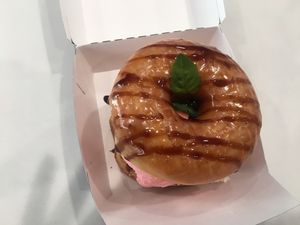 Glazed doughnut, strawberry ice cream and balsamic reduction  at Donut Friend - DTLA in Los Angeles