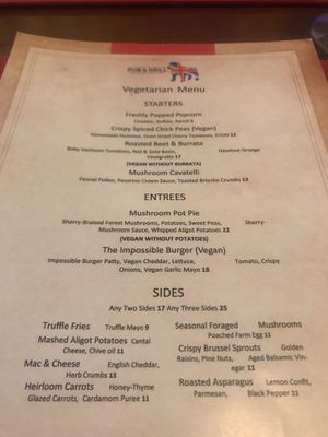 Vegetarian/vegan menu at Gordon Ramsay Pub & Grill in Atlantic City