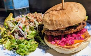 Vegan burger with a side of hiker salad at Park Distillery in Banff