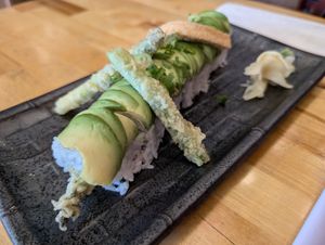 Vegan tempura roll with avo & asparagus tempura, so good! at Izakaya Raku in Grover Beach