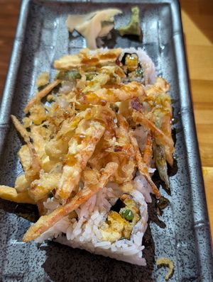 Vegetable tempura roll with eel sauce (sauce is vegan) at Izakaya Raku in Grover Beach