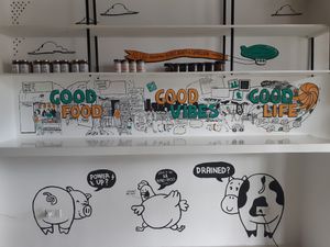 Mural and shelves at Try Vegan in Paranaque