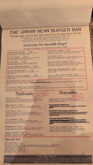 Menu: The Urban Bean Burger Bar, Flatbreads, Shareables, Sides and Such  at The Urban Bean in Orange Park