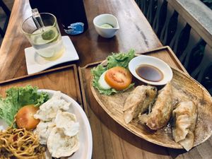 Vegan noodles and gyzo dumplings at BunBaliCafe in Ubud