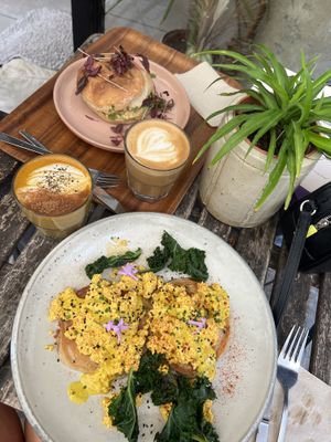 Gluten free pancakes with tofu and kale & chickpea tuna bap  at WAVE in East London