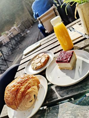Chocolate croissant, berry cheesecake and a salted almond cookie at WAVE in East London