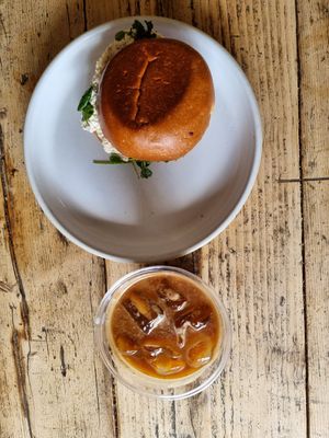 Breakfast brioche and iced soy milk coffee at WAVE in East London