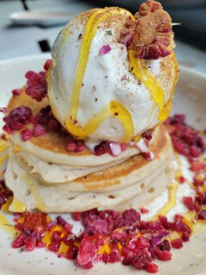 Raspberry pancakes... Yummy😋 at WAVE in East London