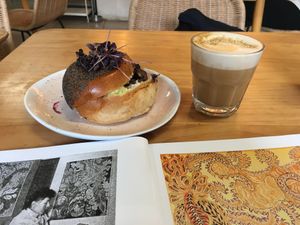 New York brisket on brioche (with shiitake mushrooms, sauerkraut, gherkin & mayo) and a peanut butter coffee   at WAVE in East London