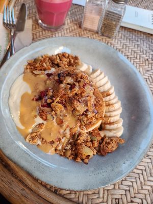 Protein pancakes with banana and almond butter at WAVE in East London