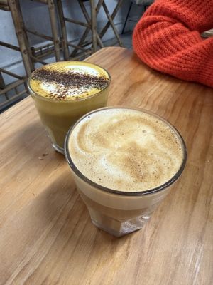 Peanut latte and turmeric cacao drink  at WAVE in East London