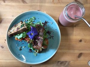 Classic pesto, cheese & tomato toastie & watermelon smoothie  at WAVE in East London