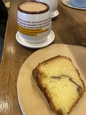 Vegan hot chocolate and apple cake at Blue Stripes Cacao Shop in New York City