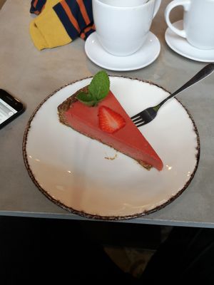 Raw strawberry cake at Caffe Miasto in Warsaw