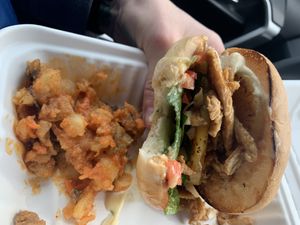 Teriyaki sandwich with a side of potato salad  at Sage Against The Machine in Bellingham