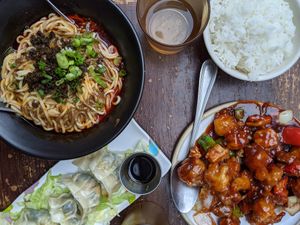 Noodles, dumplings, tofu main, rice at Spicy Moon - 6th St in New York City