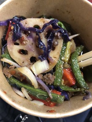 Chili glass noodles with beyond beef   at Spicy Moon - 6th St in New York City