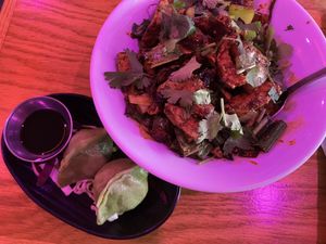 Steamed vegetable dumplings and cumin style tofu  at Spicy Moon - 6th St in New York City