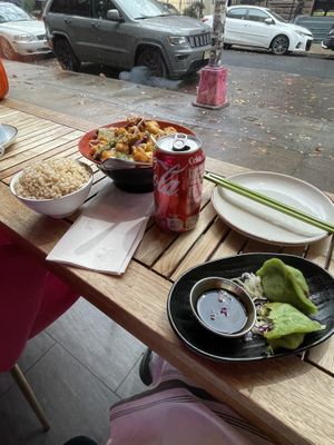 Lunch offer: salt and pepper style tofu and veg, side of rice, and steamed dumplings    at Spicy Moon - 6th St in New York City