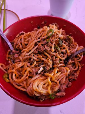 Dan Dan noodles with beyond beef at Spicy Moon - 6th St in New York City